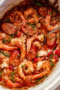 top view of slow cooker cajun jambalaya