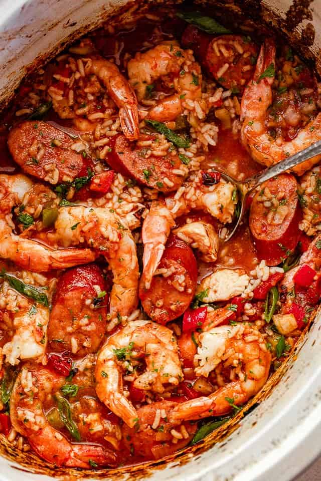 Top view of slow cooker cajun jambalaya.