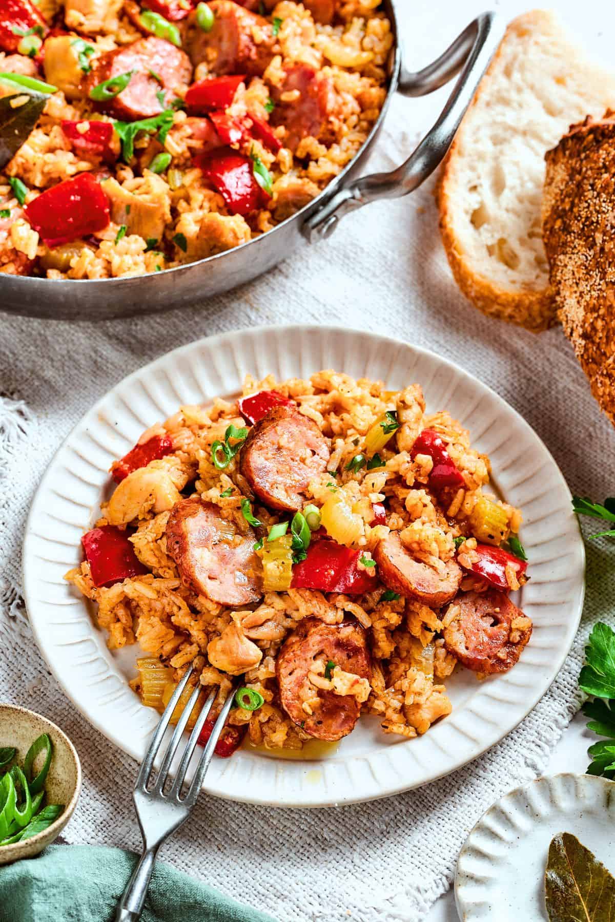 A plate of Jambalaya served over rice.