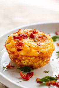 side shot of american breakfast muffin on a white plate