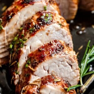 Pressure cooked pork tenderloin cut into slices.