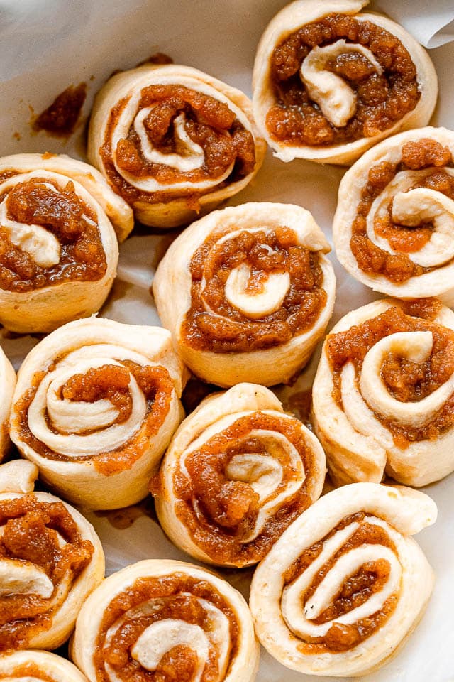 Rolled-up crescent rounds filled with pumpkin pie mixture.