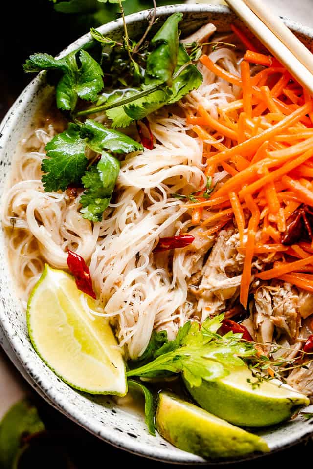 overhead shot of vietnamese pho in a bowl