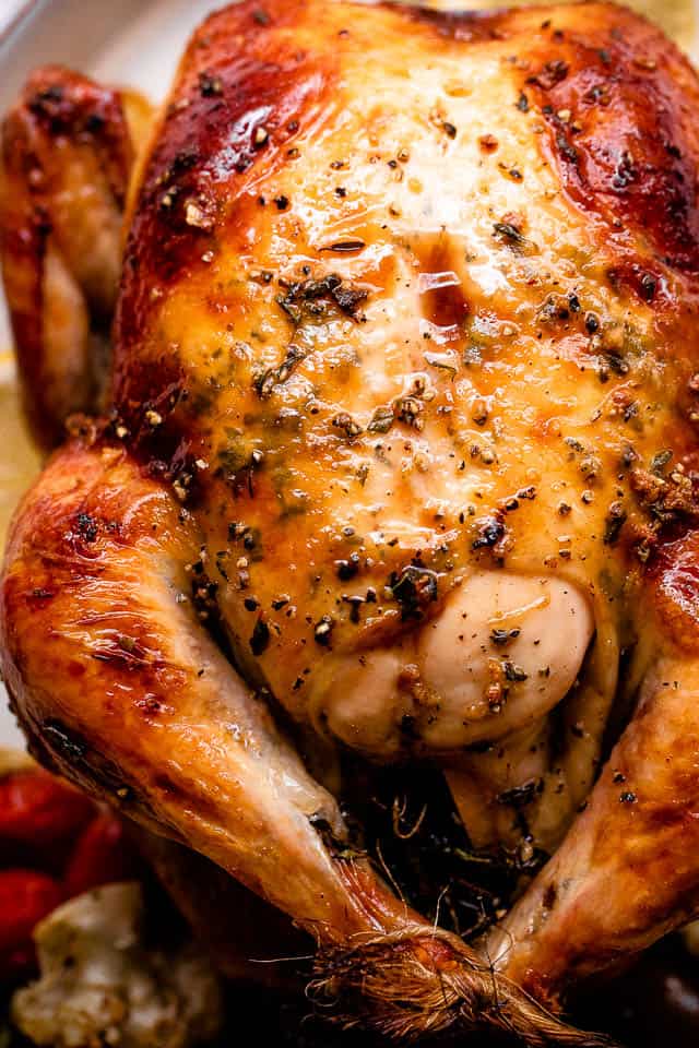 up-close overhead shot of a whole roasted chicken