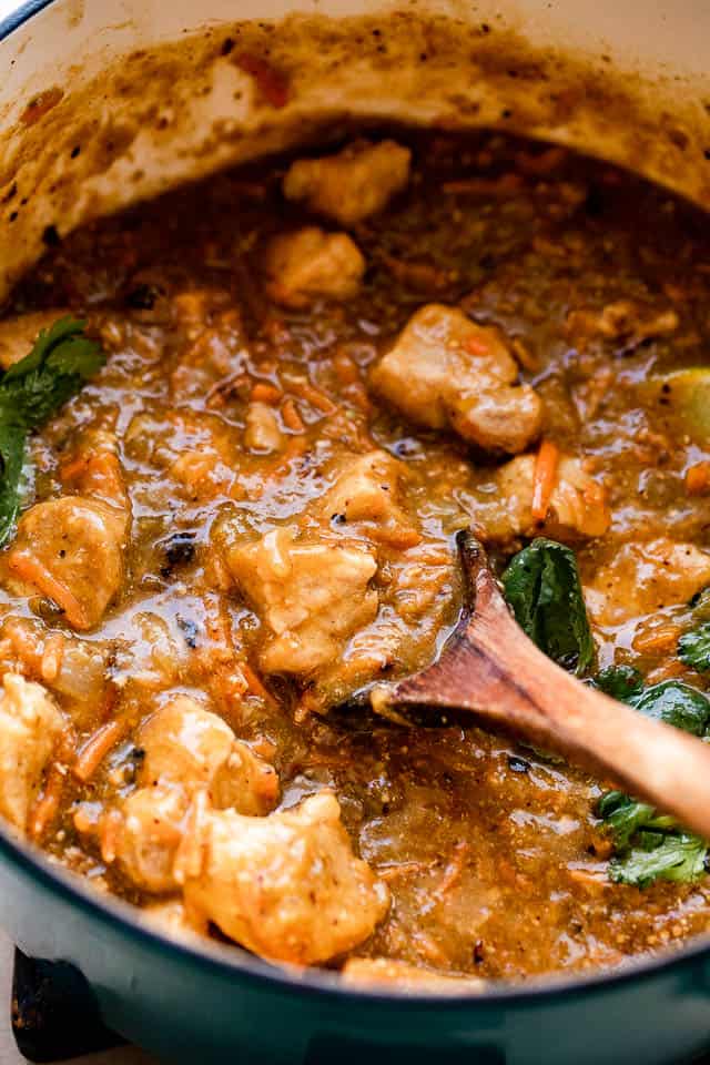 overhead shot of slow cooked pork salsa verde in a pot