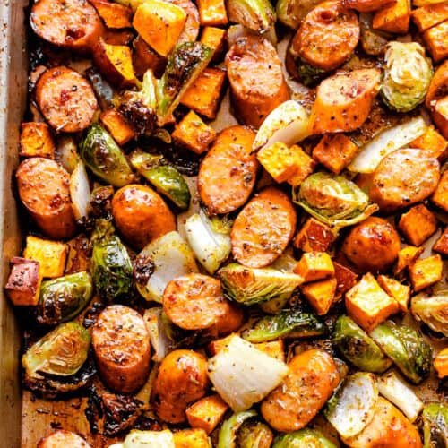 Andouille Sausage with Sweet Potatoes and Brussels Sprouts