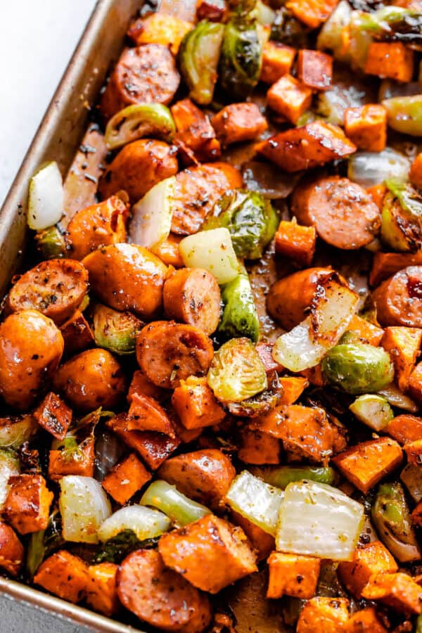 Andouille Sausage with Sweet Potatoes and Brussels Sprouts