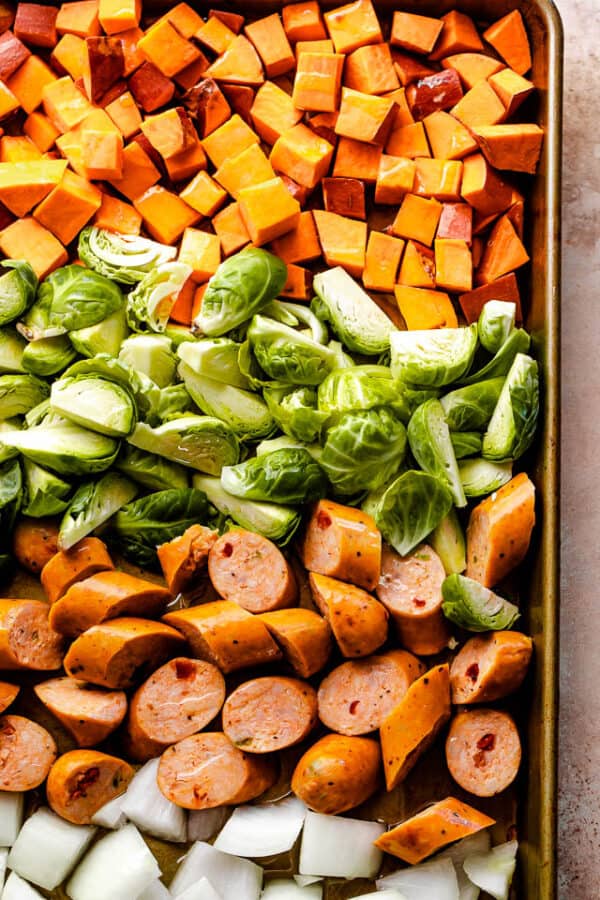 Andouille Sausage with Sweet Potatoes and Brussels Sprouts