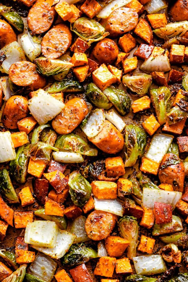 Andouille Sausage with Sweet Potatoes and Brussels Sprouts