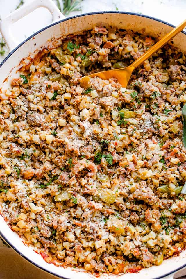 overhead shot of Italian Sausage Keto Thanksgiving Stuffing in a baking dish