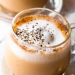 side close up shot of london fog tea latte in glass mug
