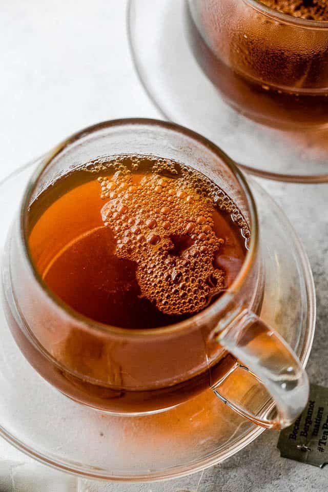 earl gray tea in a glass mug