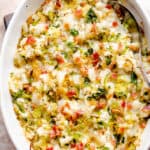 overhead shot of baked mashed turnips with brussel sprouts and bacon