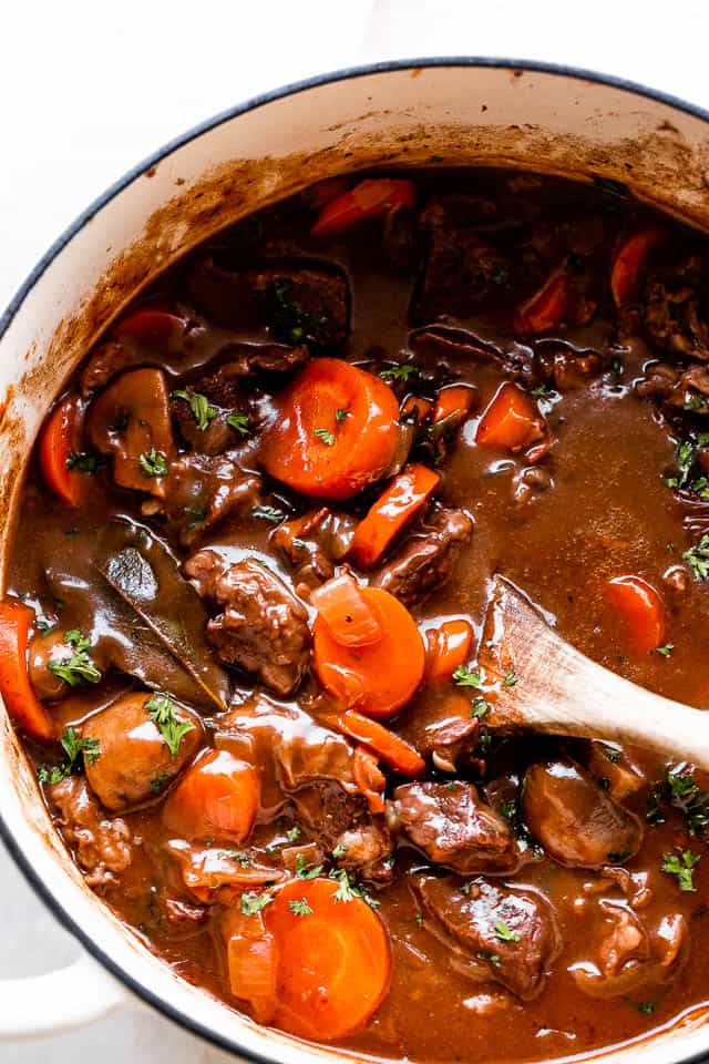 overhead shot of Beef Bourguignon in dutch oven