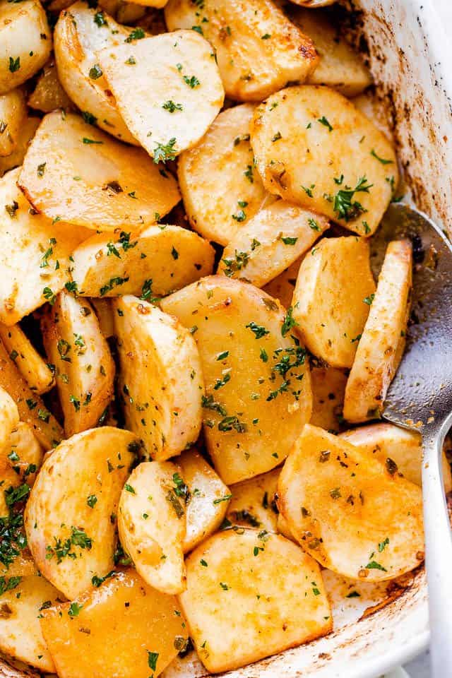 Close-up image of sliced and cooked turnips.