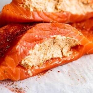 raw salmon fillets filled with creamy cajun filling