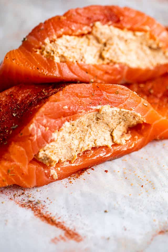 raw salmon fillets filled with creamy cajun filling