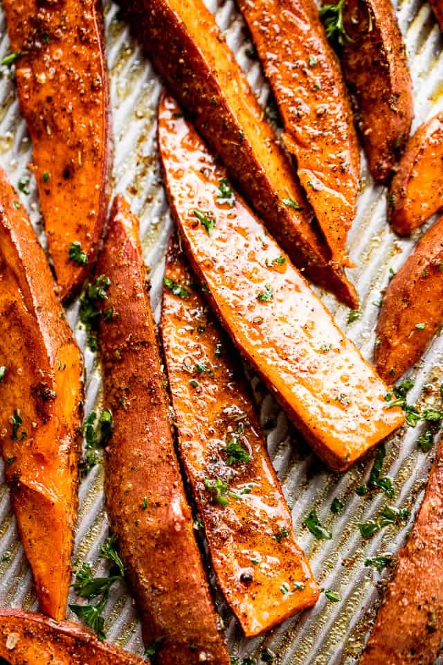 up close shot of roasted sweet potato wedges