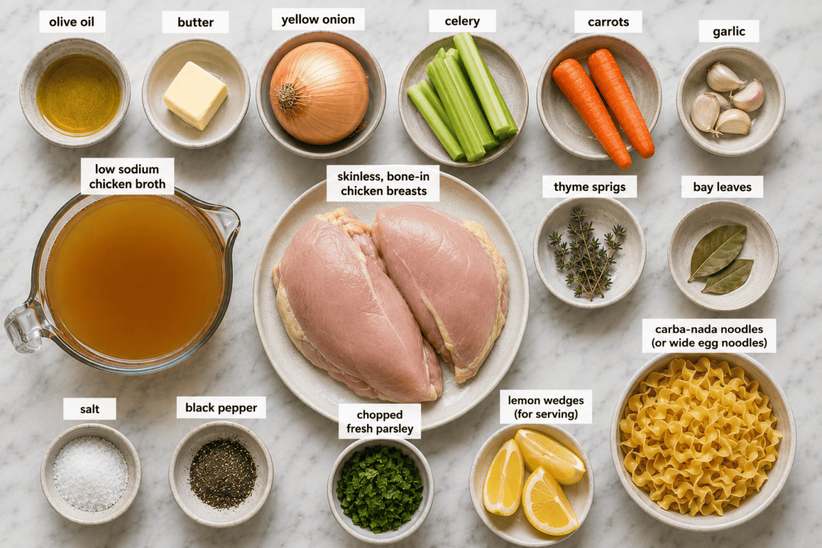 Make this Chicken Noodle Soup chock full of tender noodles, juicy chicken, and a mix of carrots, celery, and onions. It’s your go-to comfort food that’s warm and cozy, making those chilly days a bit more bearable. Overhead view of chicken noodle soup ingredients, including chicken breasts, egg noodles, broth, onion, celery, carrots, garlic, herbs, and seasonings.