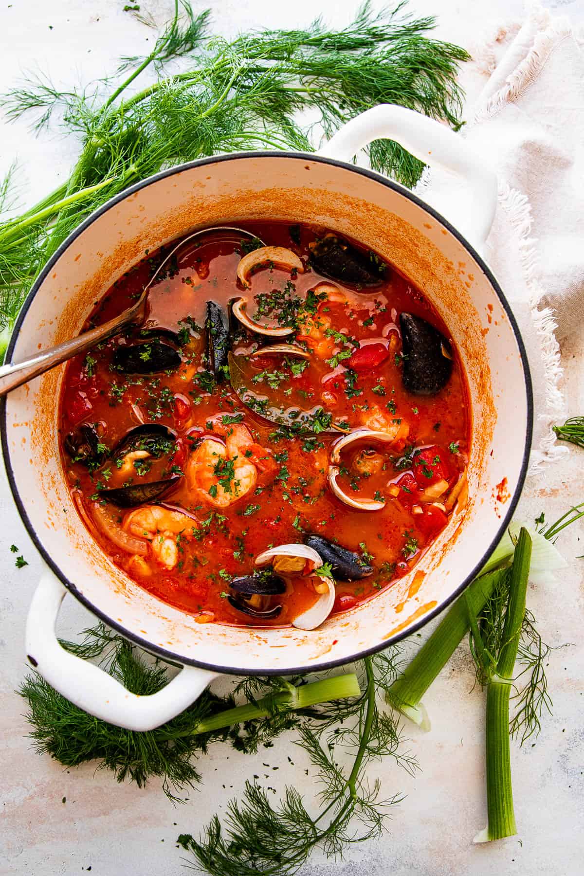 wide overhead close up photo of cioppino in a dutch oven