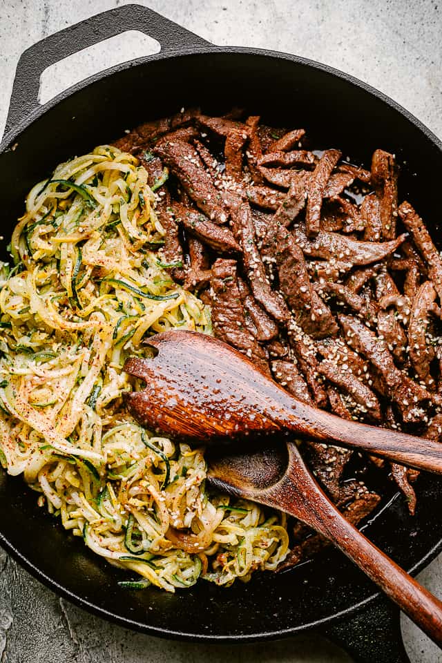 Glazed Flank Steak in a skillet with Zucchini Noodles