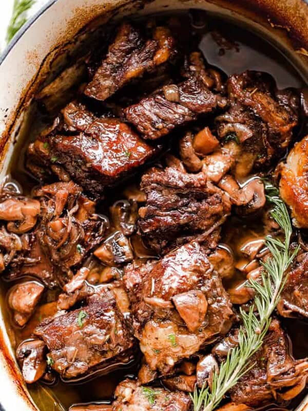 overhead shot of red wine braised beef short ribs in a slow cooker
