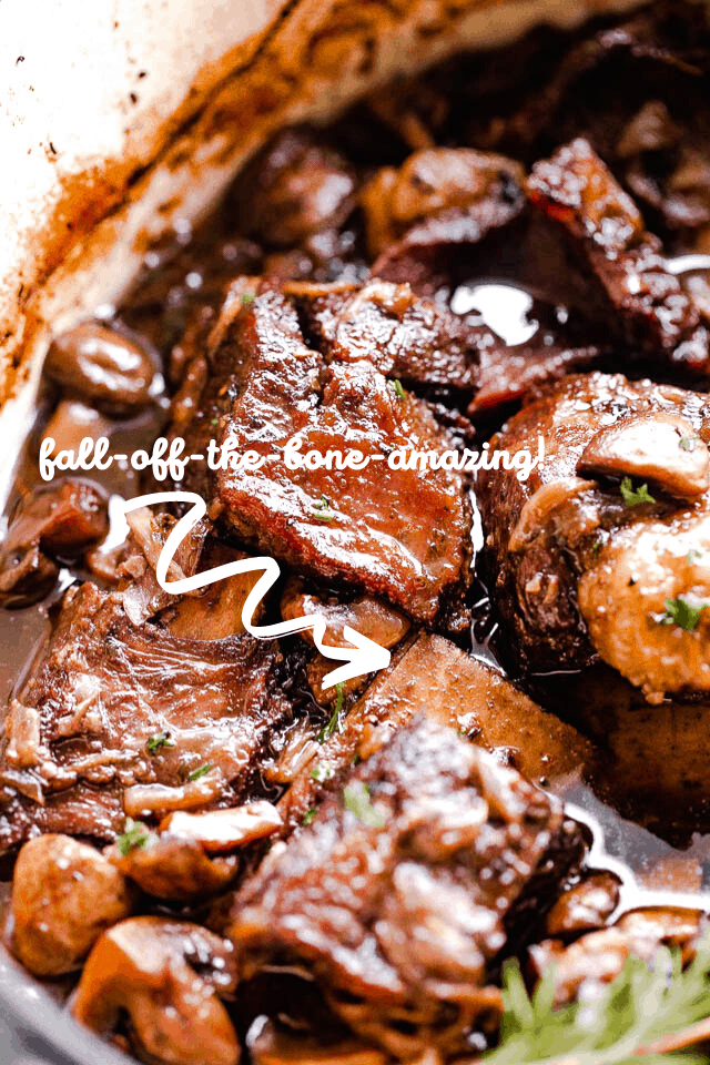 overhead shot of short ribs in red wine sauce with text overlay