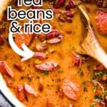 Red beans and rice pinterest image with text overlay.