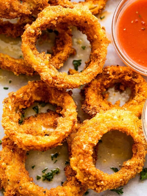 close up overhead shot of air fried onion rings