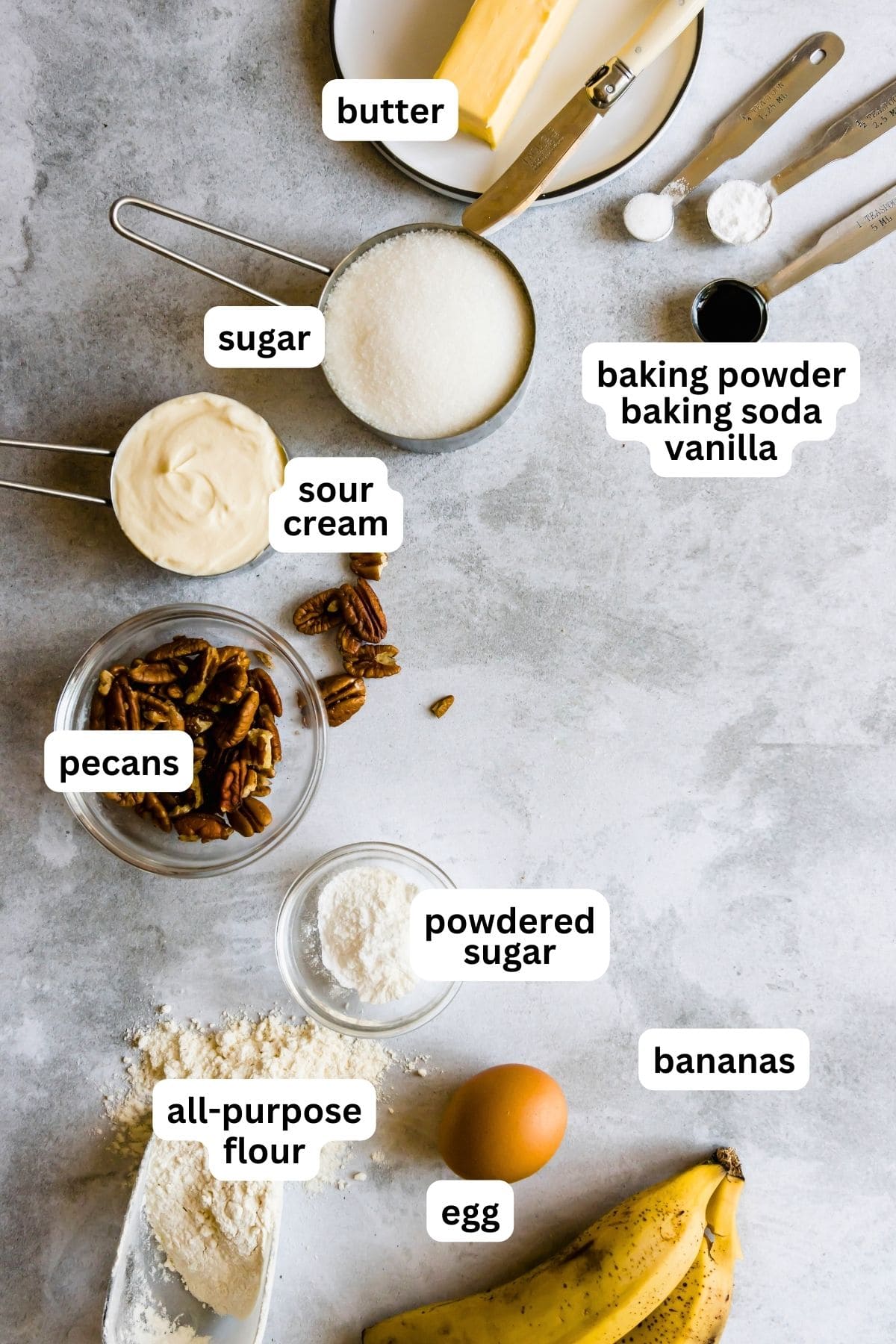 Overhead view of ingredients for banana cake.