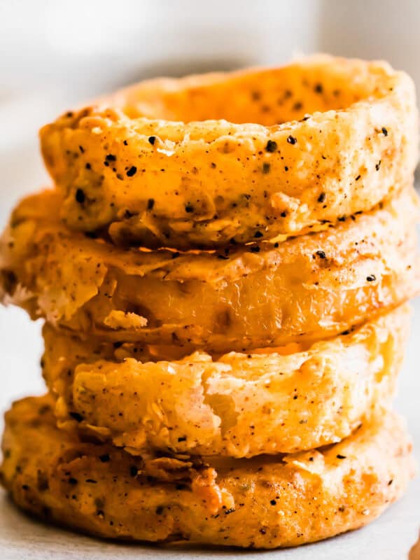 A stack of homemade onion rings.