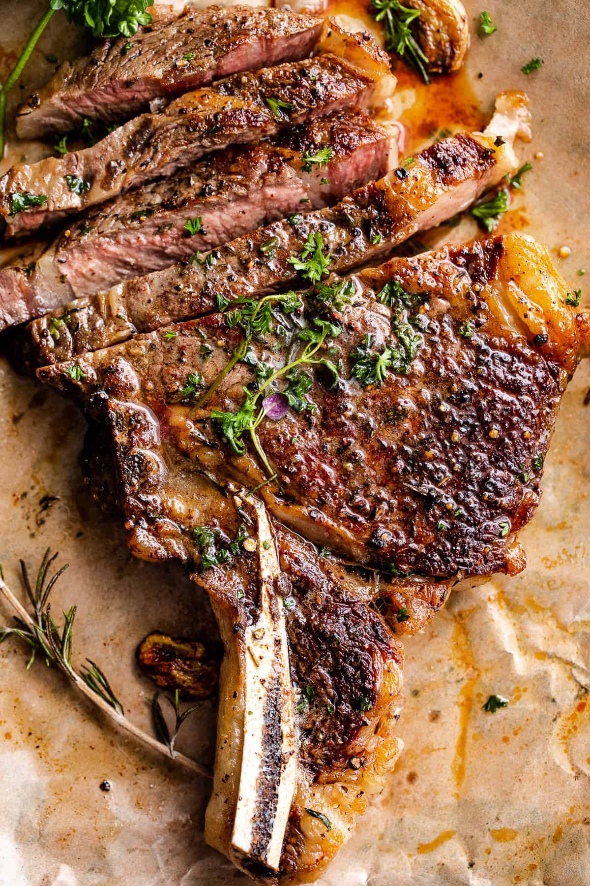 Overhead shot of sliced rib eye steak.