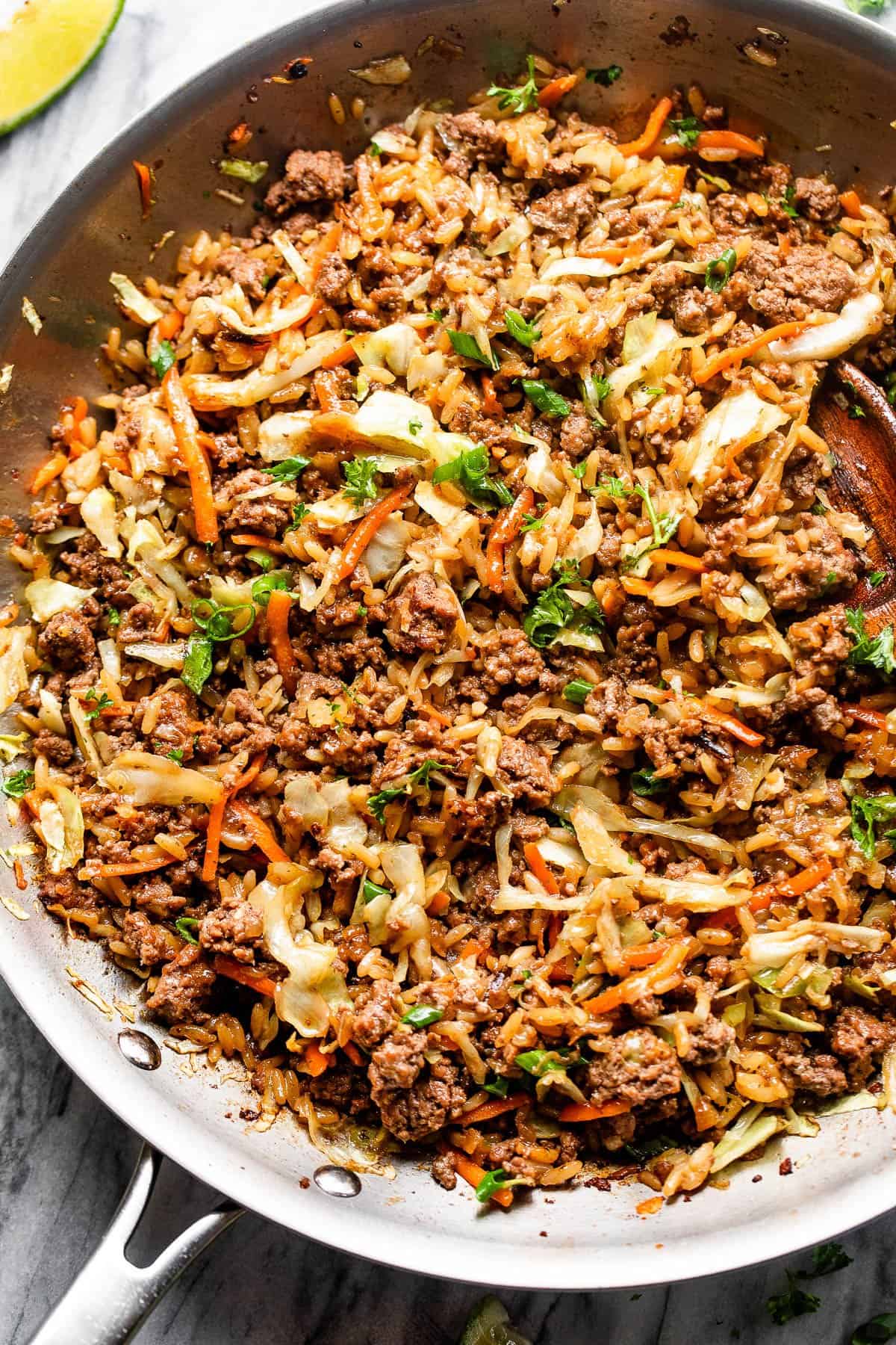 overhead shot of skillet egg roll in a bowl