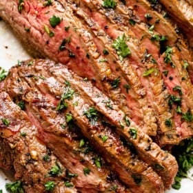 close up of sliced london broil steak