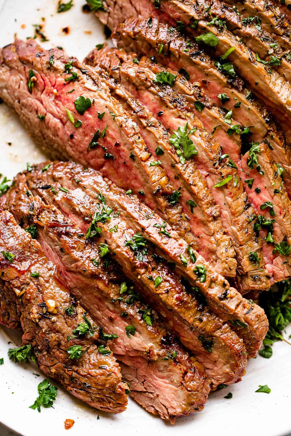 close up of sliced london broil steak