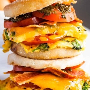 up close shot of english muffin egg breakfast sandwiches