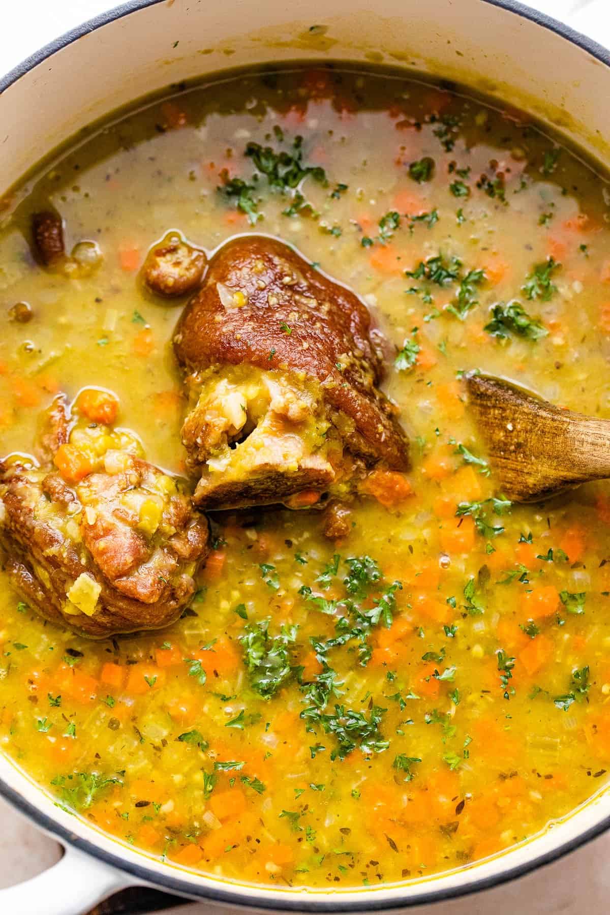 ham hocks in a dutch oven with soup