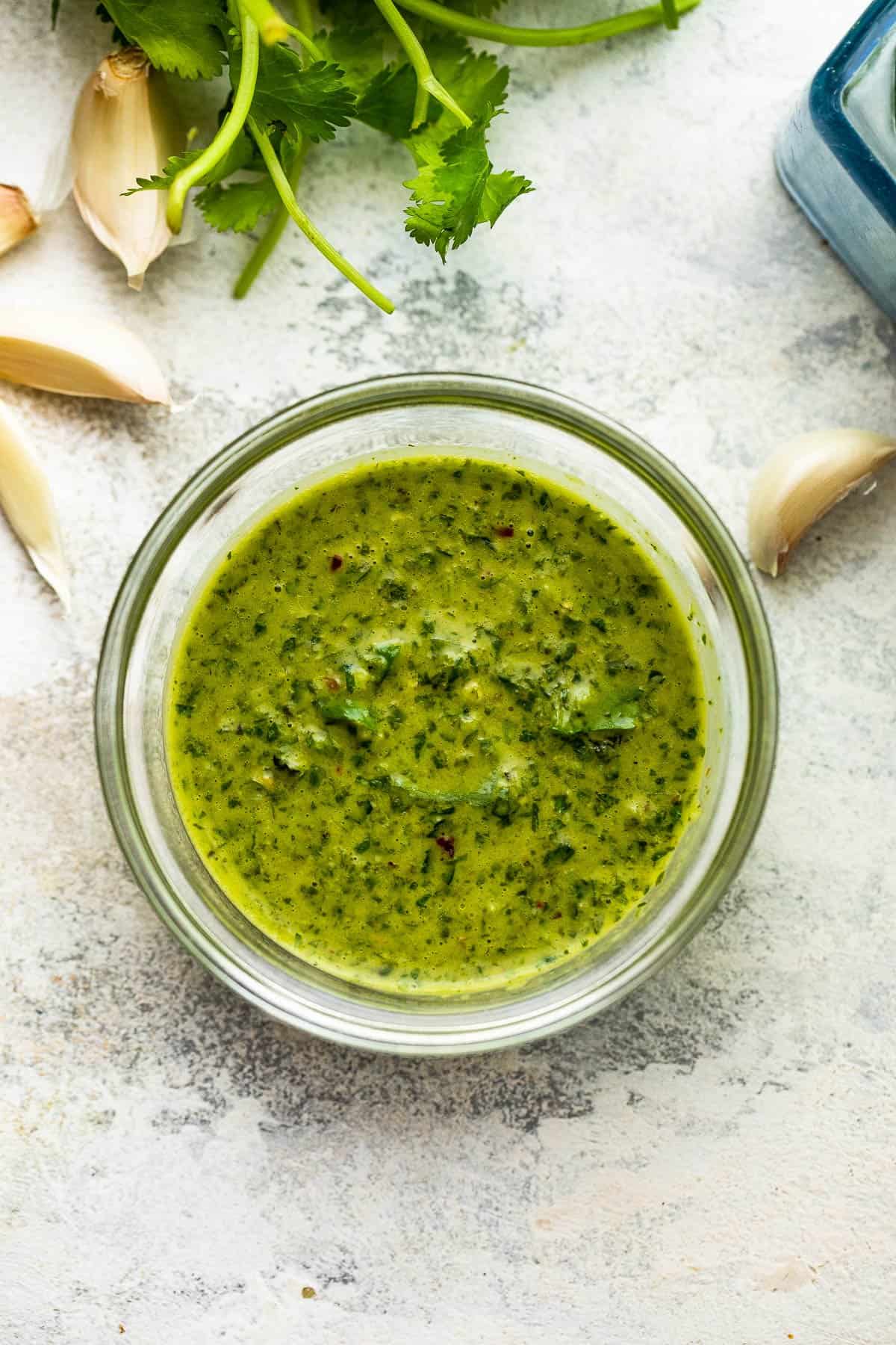 chimichurri sauce in a small glass bowl