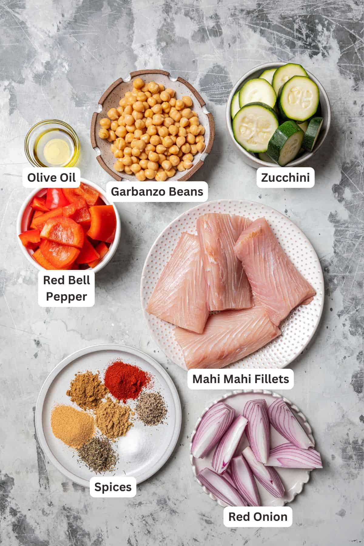 Roasted mahi mahi ingredients with text labels overlaying each ingredient.