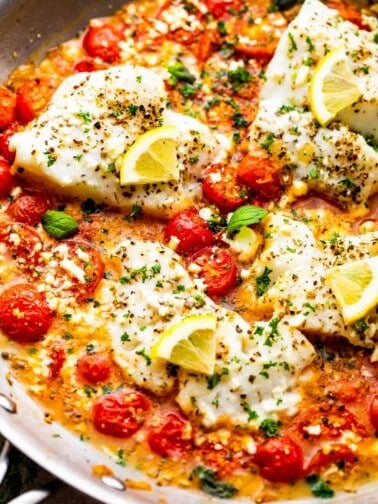Baked cod with cherry tomatoes and feta