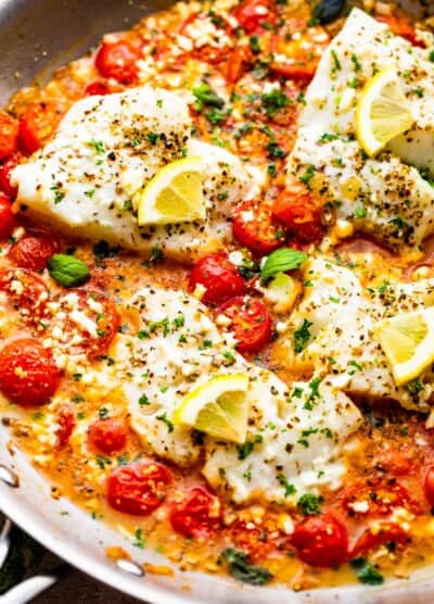 Baked cod with cherry tomatoes and feta