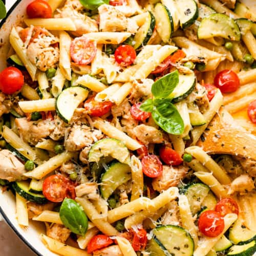 skillet with chicken pasta primavera