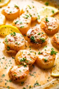 side shot of scallops cooking in a lemon cream sauce