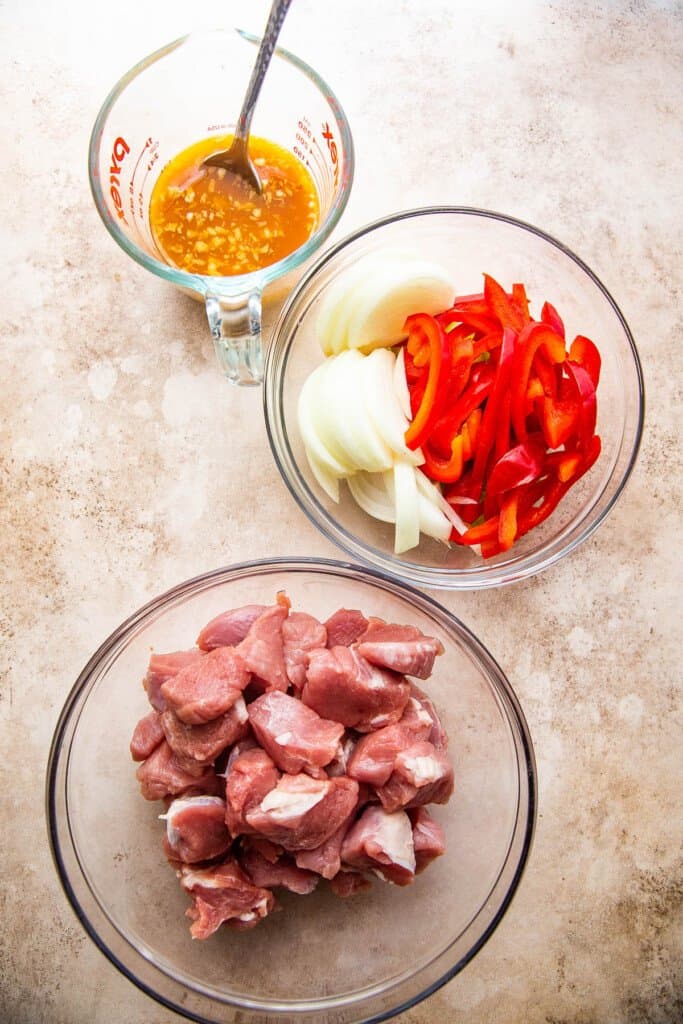 Mise en place for pork chop suey.