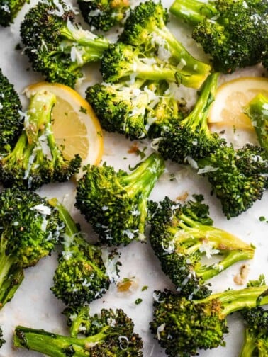 air fryer roasted broccoli and topped with parmesan cheese