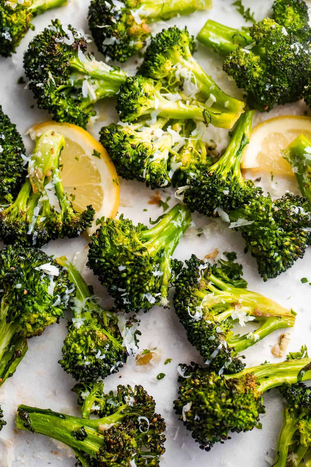 air fryer roasted broccoli and topped with parmesan cheese