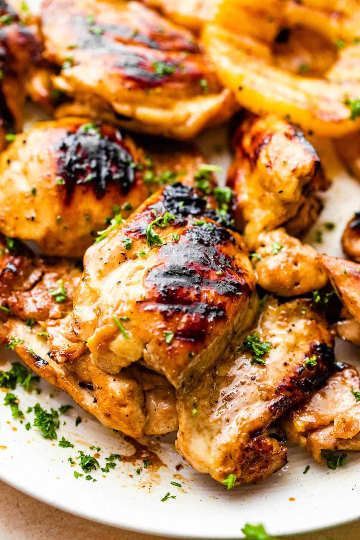 up close photo of grilled chicken thighs