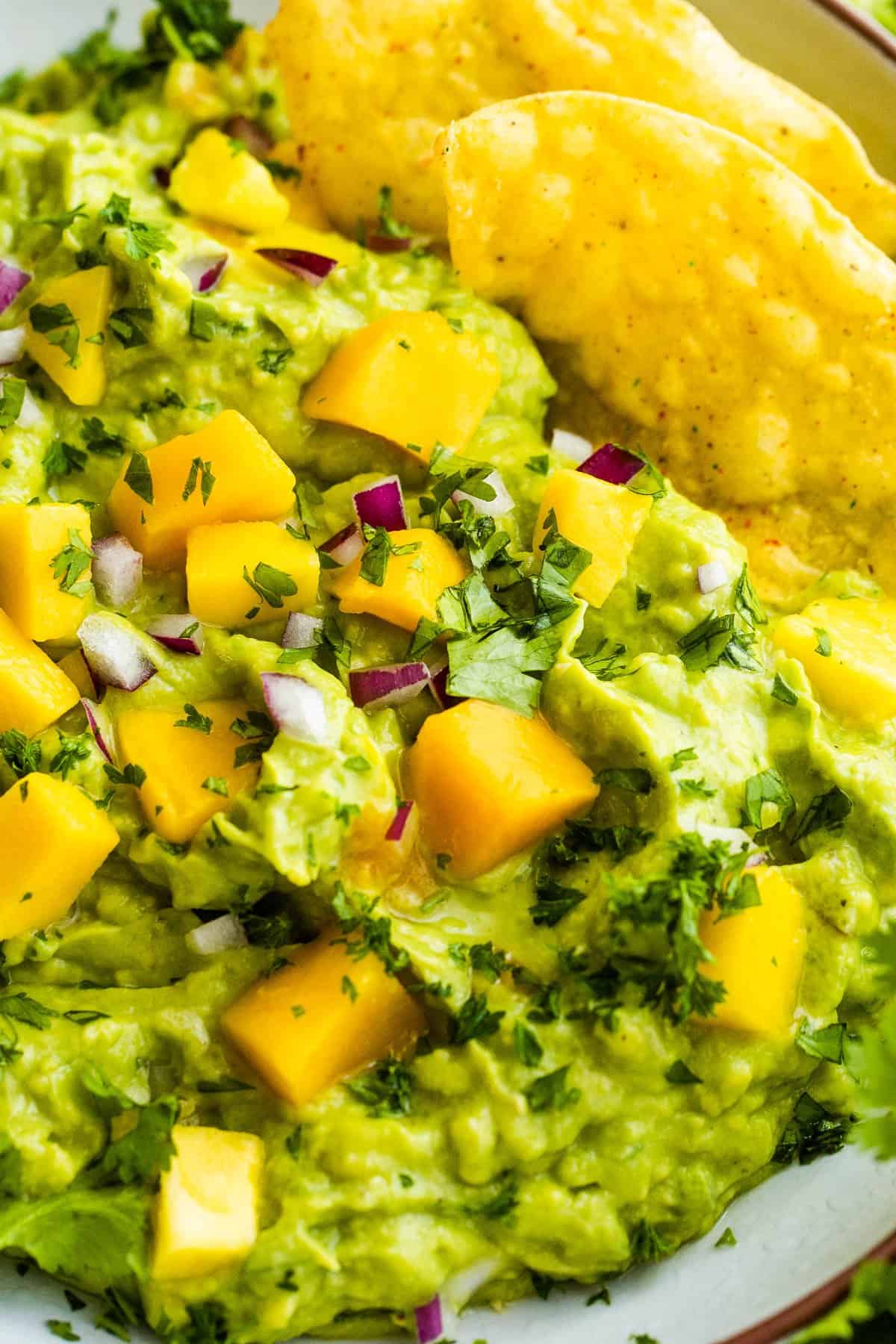 up close photo of guacamole studded with mango chunks and two tortilla chips