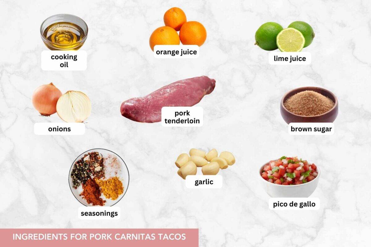 Juicy pork tenderloin is seasoned with spices and orange juice to create flavorful and quick pork carnitas that make the best pork tacos! Ingredients for pork tacos with text labels set over each ingredient.