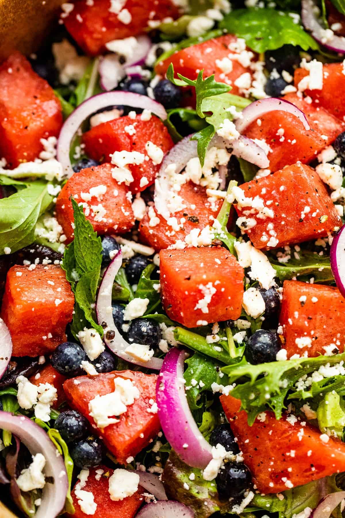 up close photo of cubed watermelon, blueberries, and sliced red onions atop a bed of torn up lettuce greens and topped with feta cheese crumbles